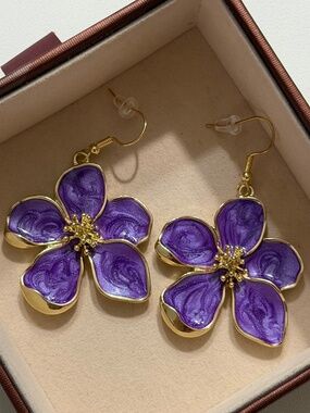 Golden Purple Oil Dripping Flower Enamel Dangle Drop Hook Statement Earrings